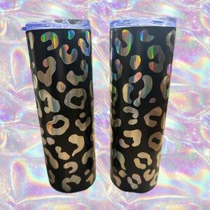 Iridescent Silver Black Leopard Print Tumbler Set NWT Cold or Hot Beverages 22.5